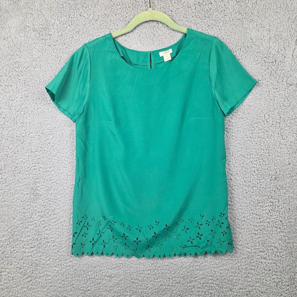 J.Crew Laser Cut Eyelet Scallop Hem Blouse Size XXS Green E8571 Short Sleeve Top